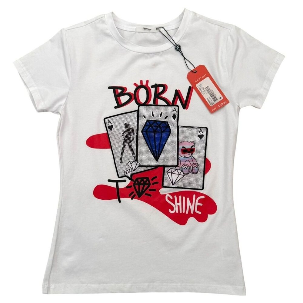 Born to Shine Graphic Tee Junior Size Small Redfox T-Shirt Metallic Stud Details
